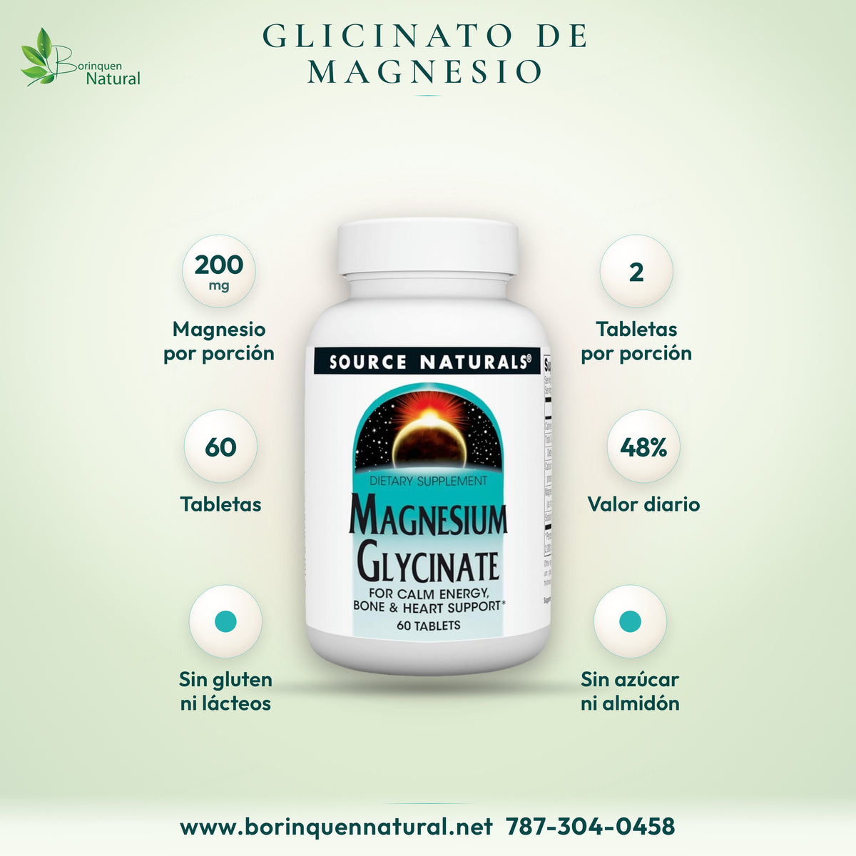 Magnesium Glycinate Source Naturals, glicinato de magnesio (bis-glicinato), suplemento dietético, frasco de 60 tabletas