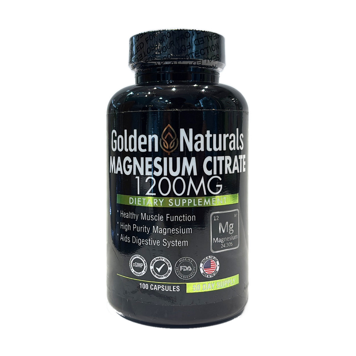 Frasco de Citrato de Magnesio 1200 mg Golden Naturals, 100 cápsulas vegetales, suplemento dietético