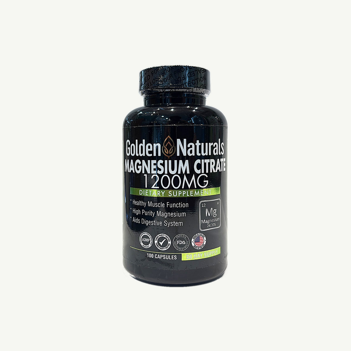 Frasco Golden Naturals Magnesium Citrate 1200MG, foto real de la tienda: 100 Capsules, 50 Day Supply
