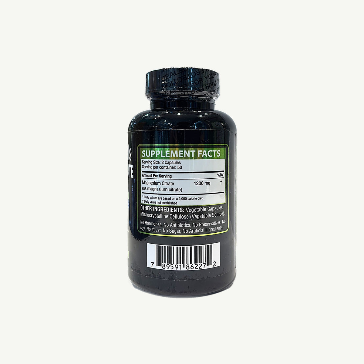 Frasco Golden Naturals, foto real: Supplement Facts, citrato de magnesio 1200 mg, otros ingredientes y código 7 89591 86227 2
