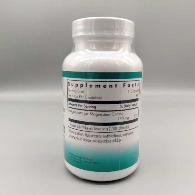 Supplement Facts del Magnesium Citrate NutriCology: 1 cápsula, magnesio como citrato 170 mg, 40% y otros ingredientes
