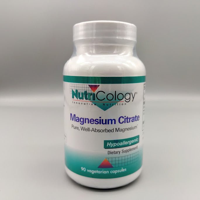 Frasco de Magnesium Citrate NutriCology, Pure, Well-Absorbed Magnesium*, Hypoallergenic, 90 vegetarian capsules