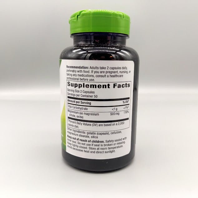 Frasco Magnesium Complex Nature's Way: Supplement Facts, 2 cápsulas, 500 mg de magnesio, recomendación y avisos