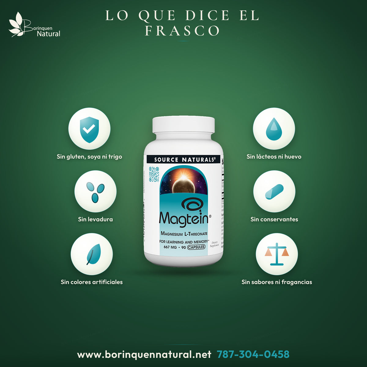 Lámina de Magtein Source Naturals: sin gluten, soya, trigo, lácteos, huevo ni levadura, sin conservantes