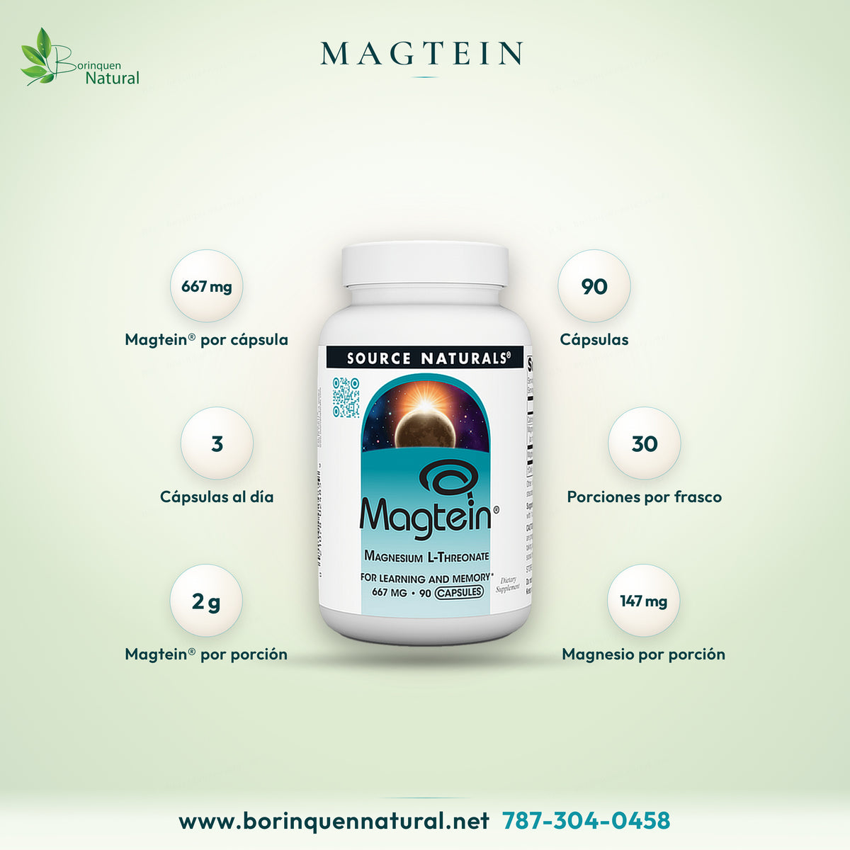 Lámina de Magtein Source Naturals: 667 mg por cápsula, 90 cápsulas, 3 al día, 2 g por porción y 147 mg de magnesio