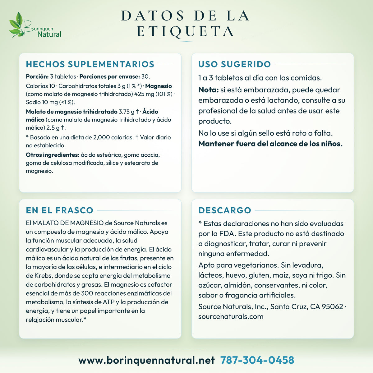 Datos de la etiqueta del malato de magnesio de Source Naturals: hechos suplementarios, uso y lo que dice el frasco