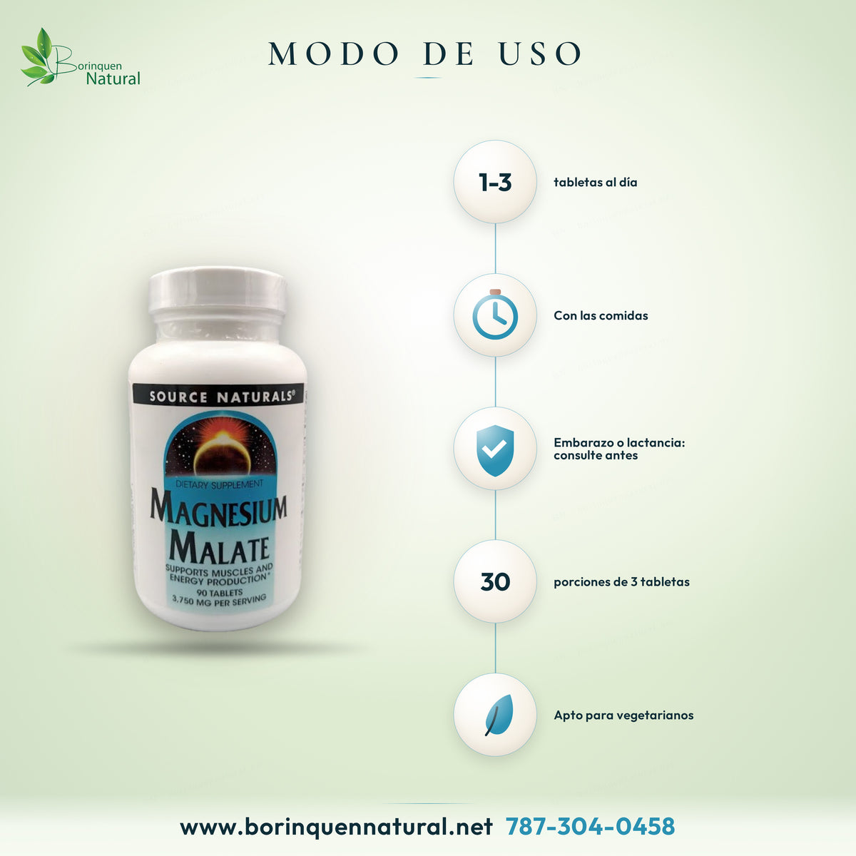 Modo de uso del malato de magnesio de Source Naturals: de 1 a 3 tabletas al día con las comidas
