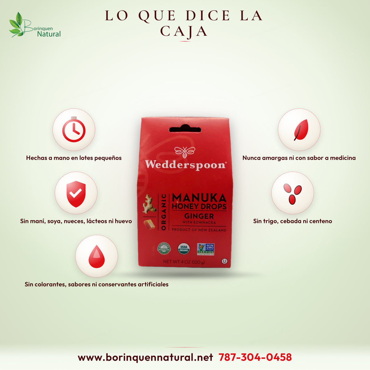 Lo que dice la caja Wedderspoon: hechas a mano en lotes pequeños, se disuelven lento, sin maní, soya ni lácteos