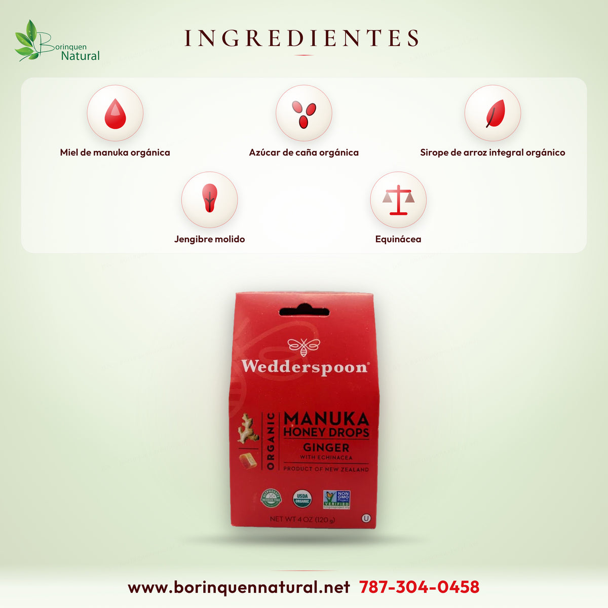 Ingredientes de las pastillas Wedderspoon de jengibre: azúcar de caña orgánica, miel de manuka, arroz integral, equinácea