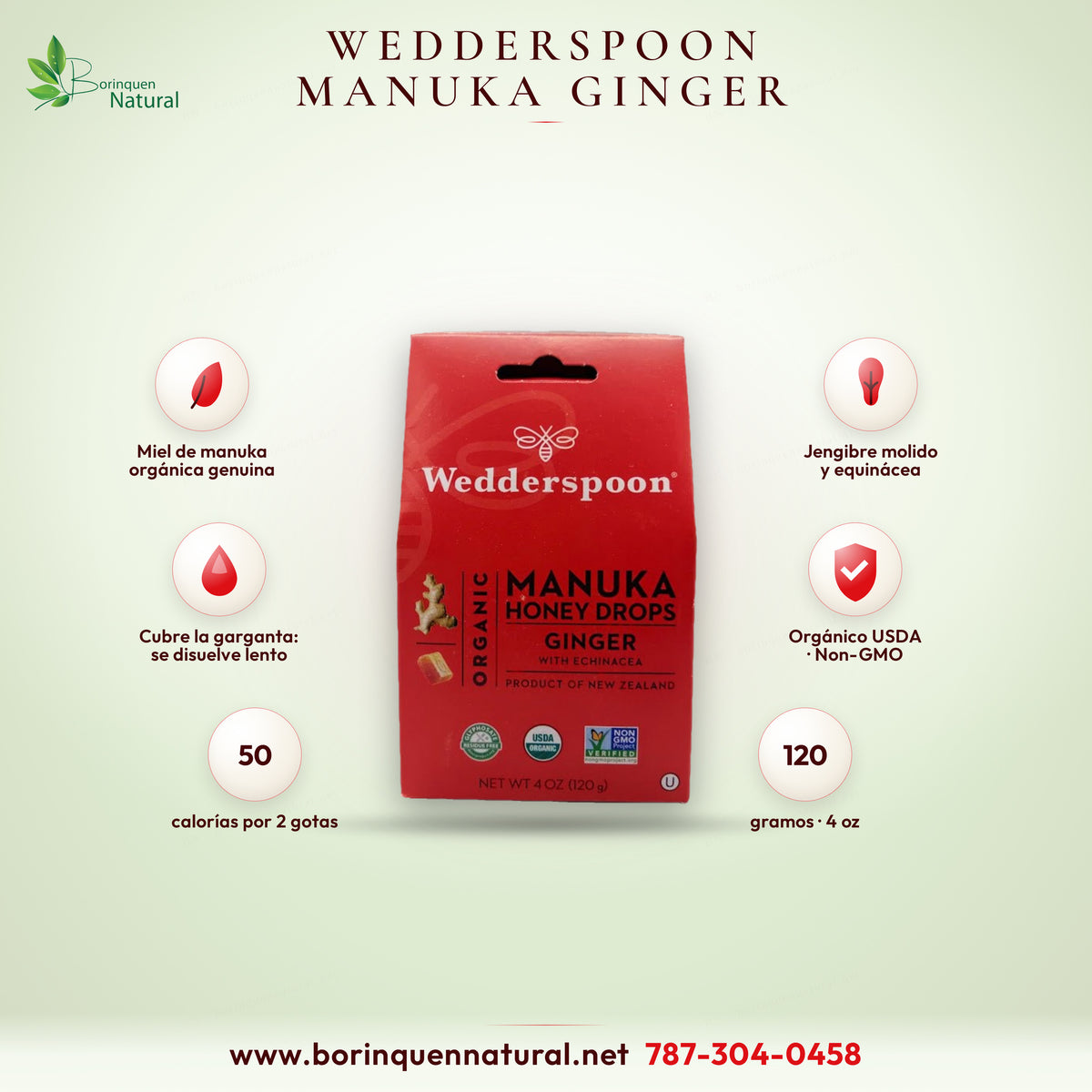 Pastillas de miel de manuka Wedderspoon jengibre: miel de manuka orgánica, jengibre molido y equinácea, 4 oz (120 g)