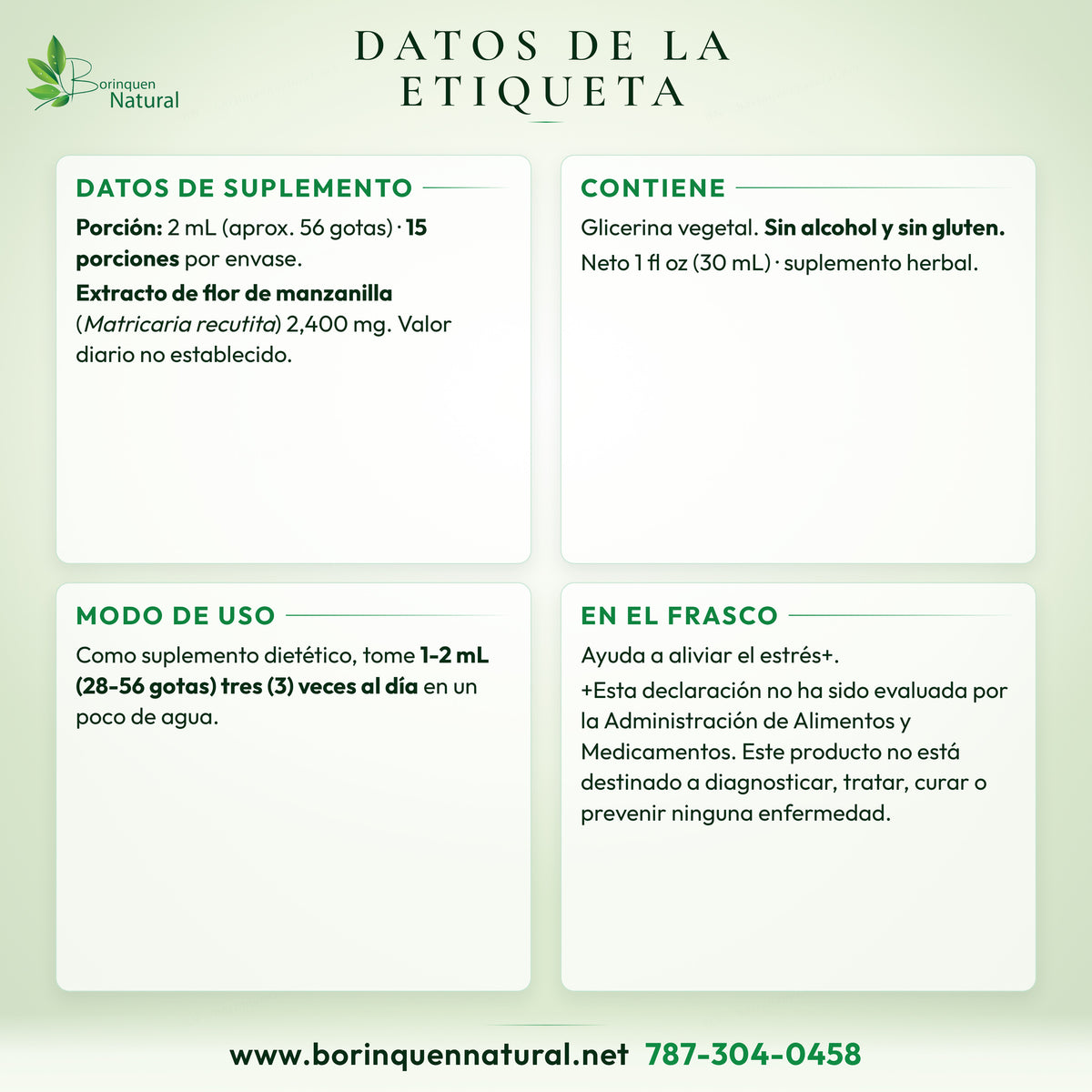 Datos de suplemento del extracto de manzanilla sin alcohol de Nature's Answer: porción, cantidad, ingredientes y modo de uso