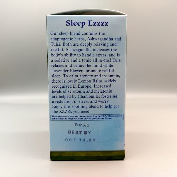 Otro costado de la caja del té Sleep Ezzzz de Maté Factor, con su texto y el aviso de la FDA