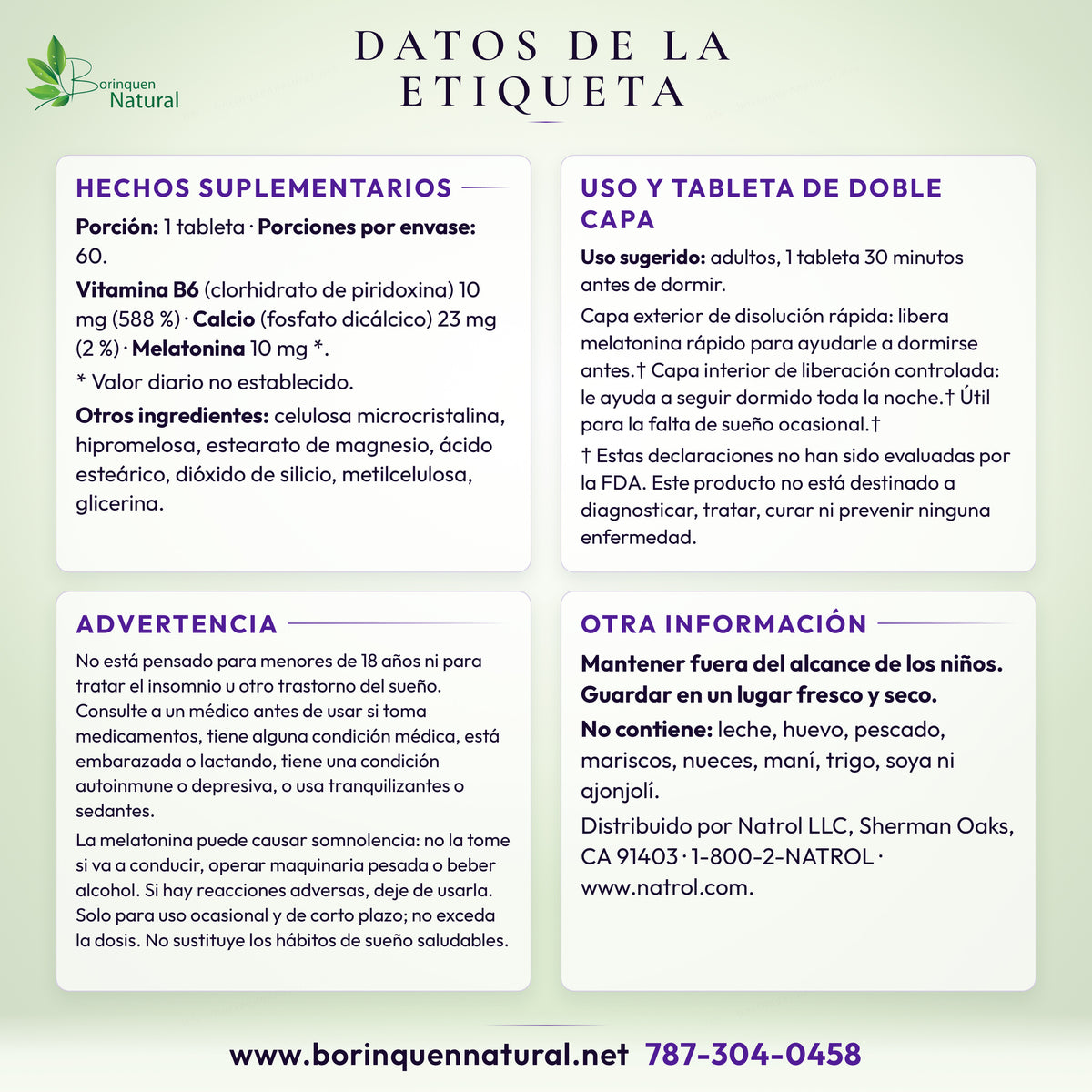 Datos de la etiqueta de la Melatonina 10 mg Natrol: hechos suplementarios, uso, advertencia y alérgenos