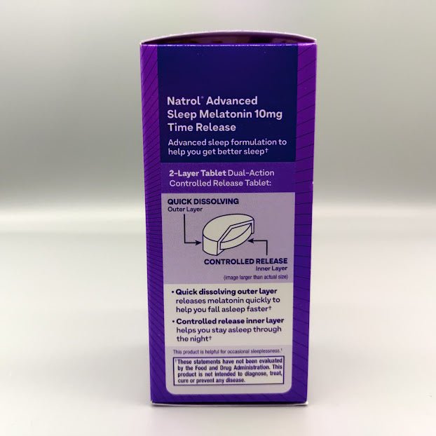Melatonin Advanced Sleep 10mg 60 Tablets de Natrol — vista posterior (foto de archivo)