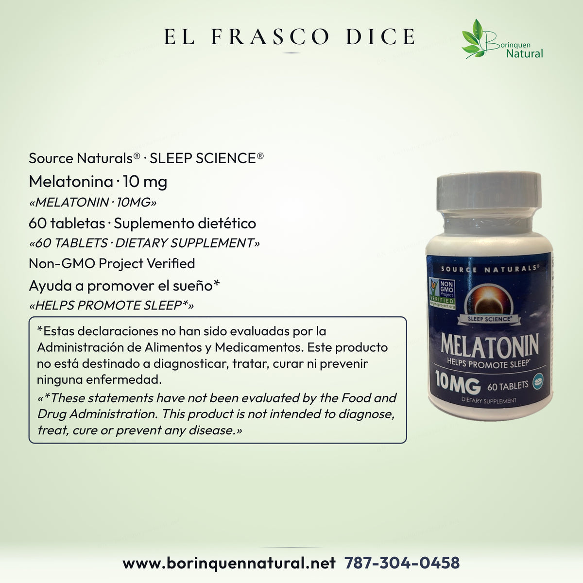 Melatonina 10 mg, 60 tabletas, Sleep Science y Non-GMO Project Verified; apoyo al sueño con descargo de la FDA.