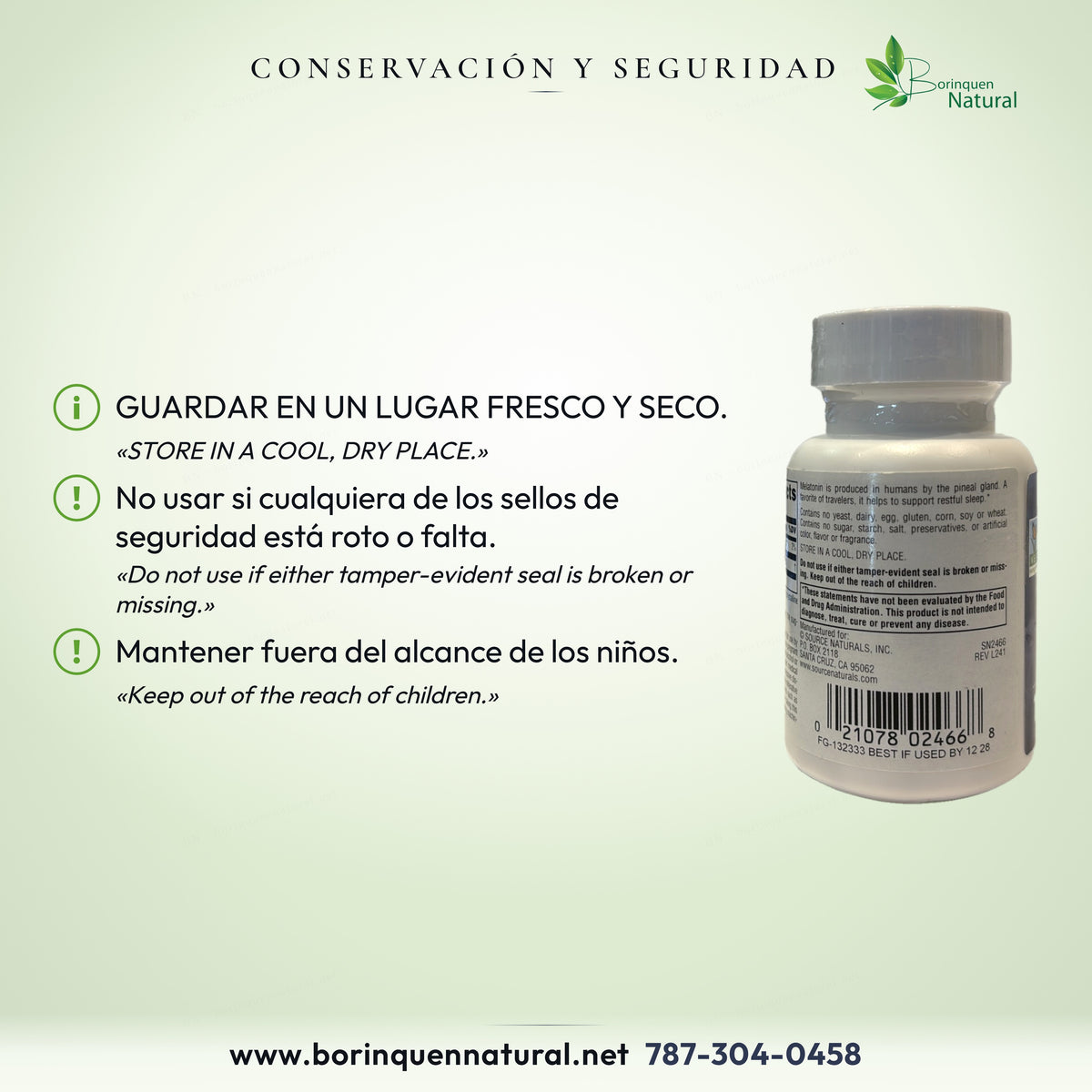 Lugar fresco y seco; no usar con sellos rotos o ausentes; fuera del alcance de los niños.