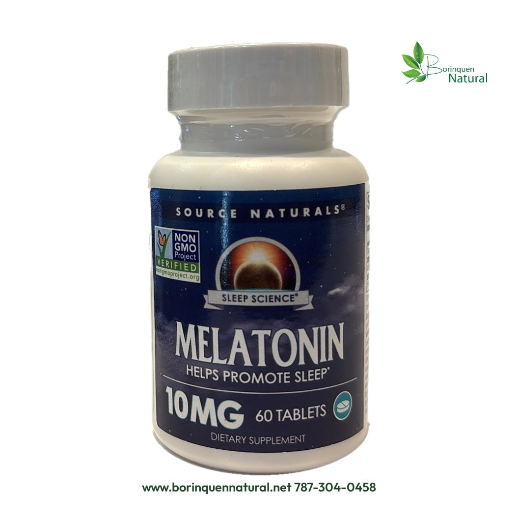 Frente real de Melatonina 10 mg Source Naturals Sleep Science, 60 tabletas; Non-GMO Project Verified.