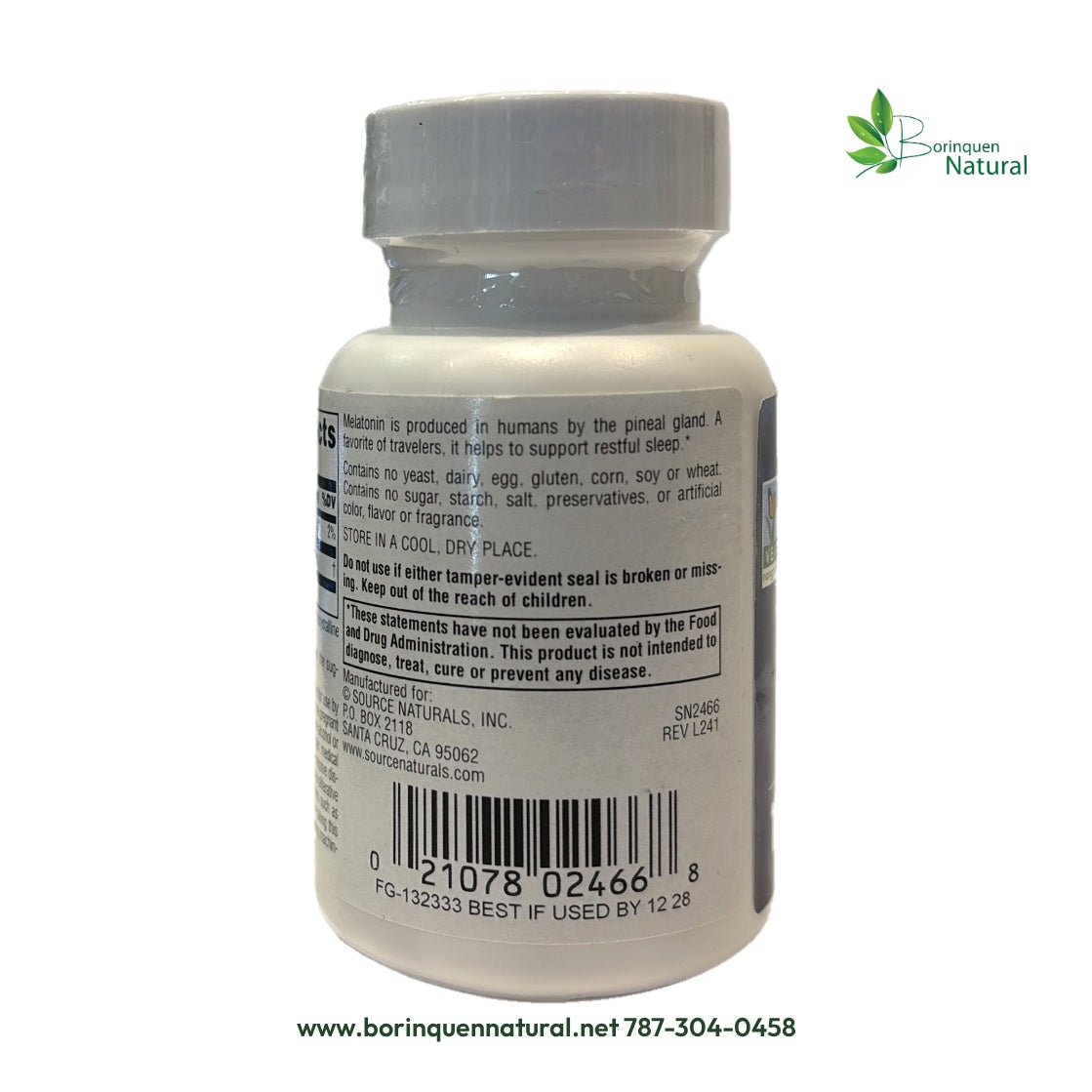 Lado real, UPC 021078024668, lote FG-132333 y BEST IF USED BY 12 28; conservación, fabricante y descargo.