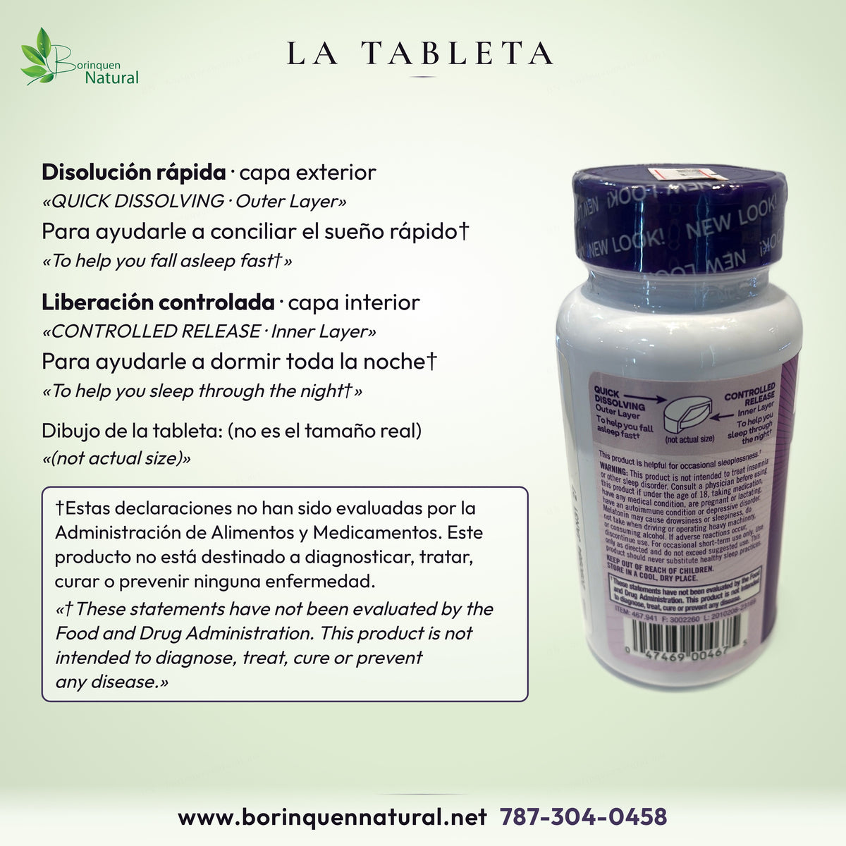 La tableta de Melatonina Natrol 1 mg: capa exterior de disolución rápida y capa interior de liberación controlada