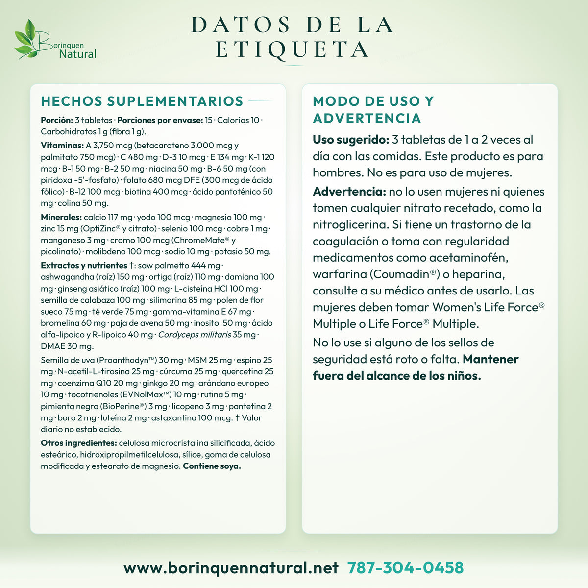 Datos de la etiqueta de Men's Life Force Source Naturals: hechos suplementarios, modo de uso y advertencias