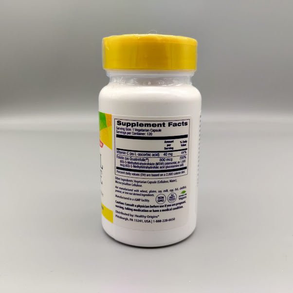Metilfolato 800 mcg 120 Cápsulas Folato Activo Bioactivo de Healthy Origins — etiqueta con los ingredientes