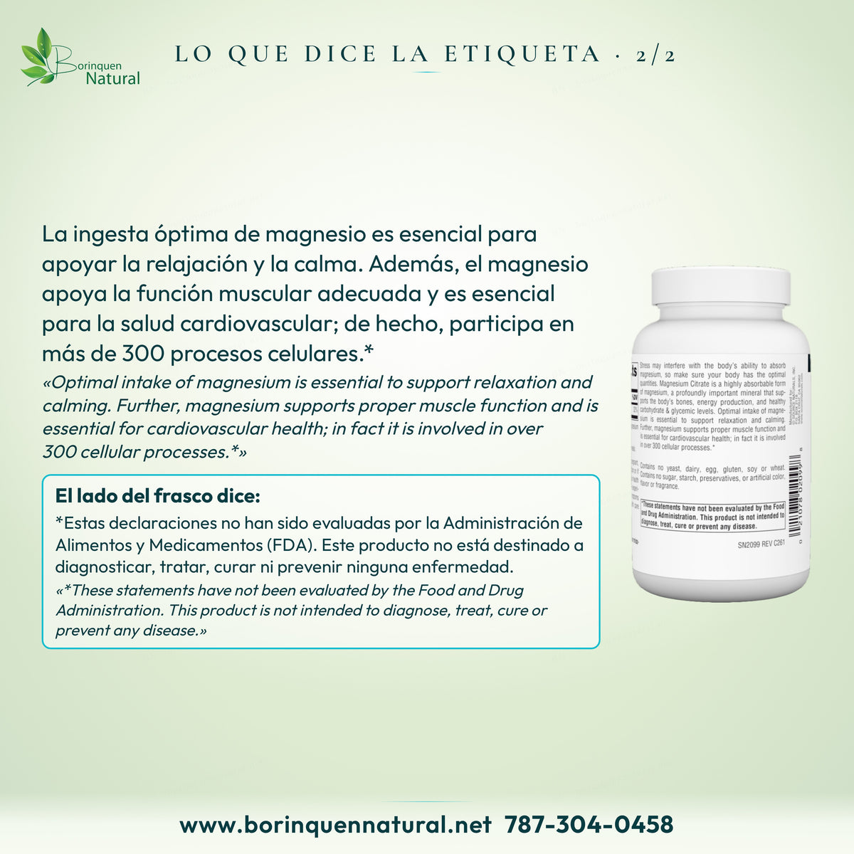 Lo que dice la etiqueta del Magnesio Citrato Source Naturals: apoya la relajación, la calma y la función muscular