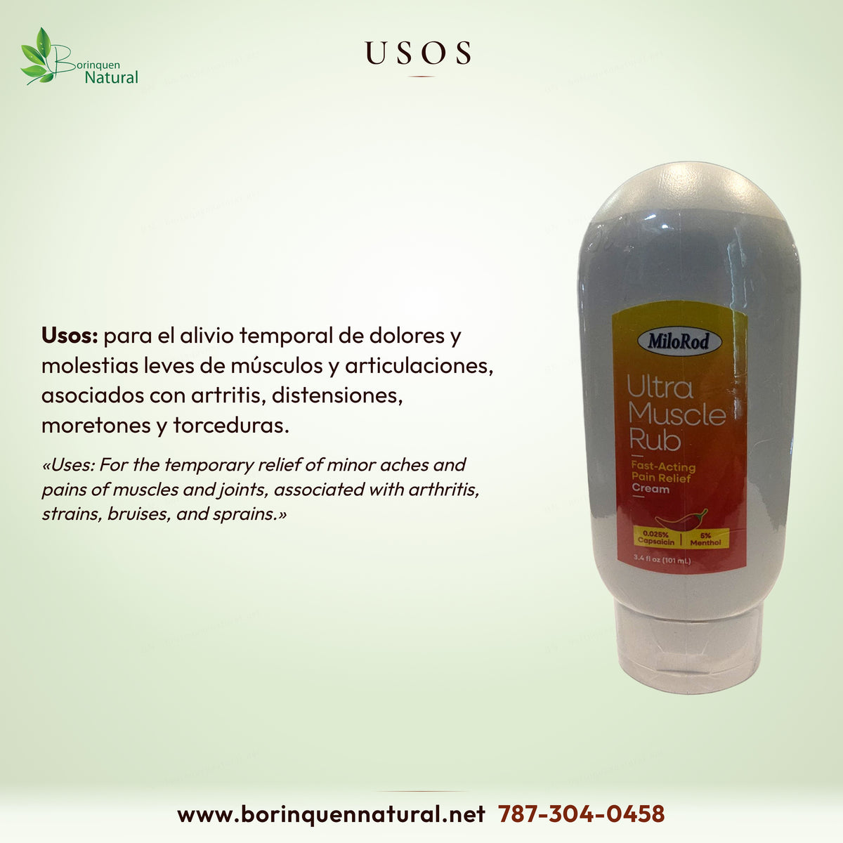 Usos impresos en el Drug Facts de Ultra Muscle Rub MiloRod, en español y con la cita original en inglés