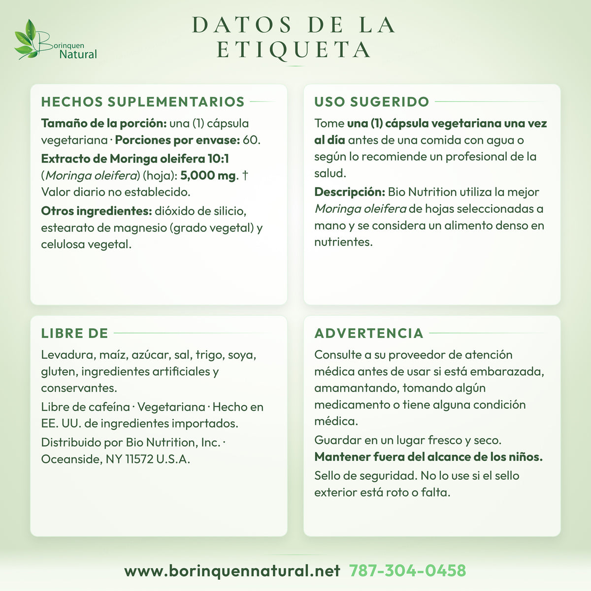 Datos de la etiqueta de la Moringa 5,000 de Bio Nutrition: hechos suplementarios, otros ingredientes, modo de uso y advertencias