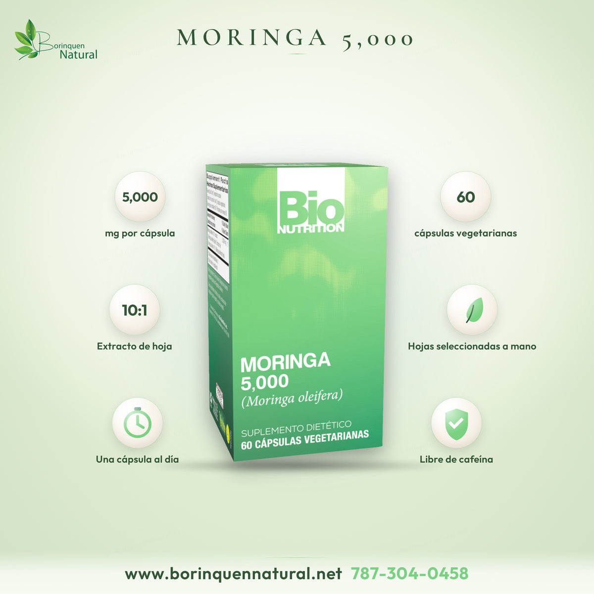 Moringa 5,000 de Bio Nutrition, extracto de hoja de Moringa oleifera, caja de 60 cápsulas vegetarianas