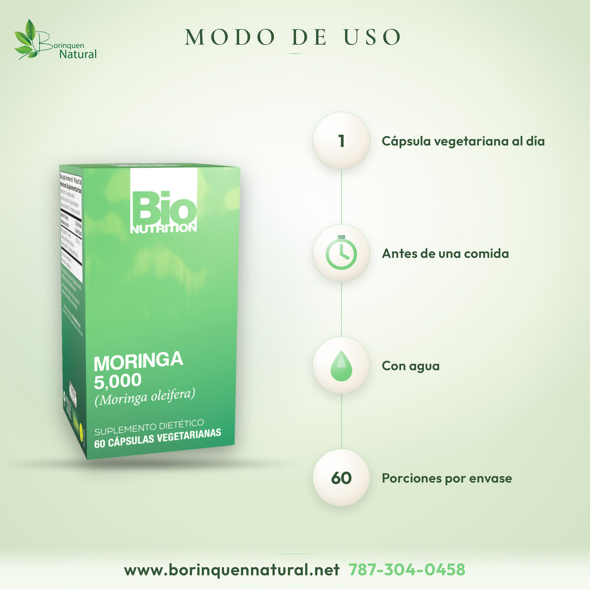 Modo de uso de la Moringa 5,000 de Bio Nutrition: una cápsula vegetariana una vez al día antes de una comida, con agua