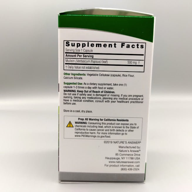Mullein Leaf -- 500 mg - 90 Cápsulas Vegetarianas de Nature's Answer — etiqueta con los ingredientes (foto de archivo)