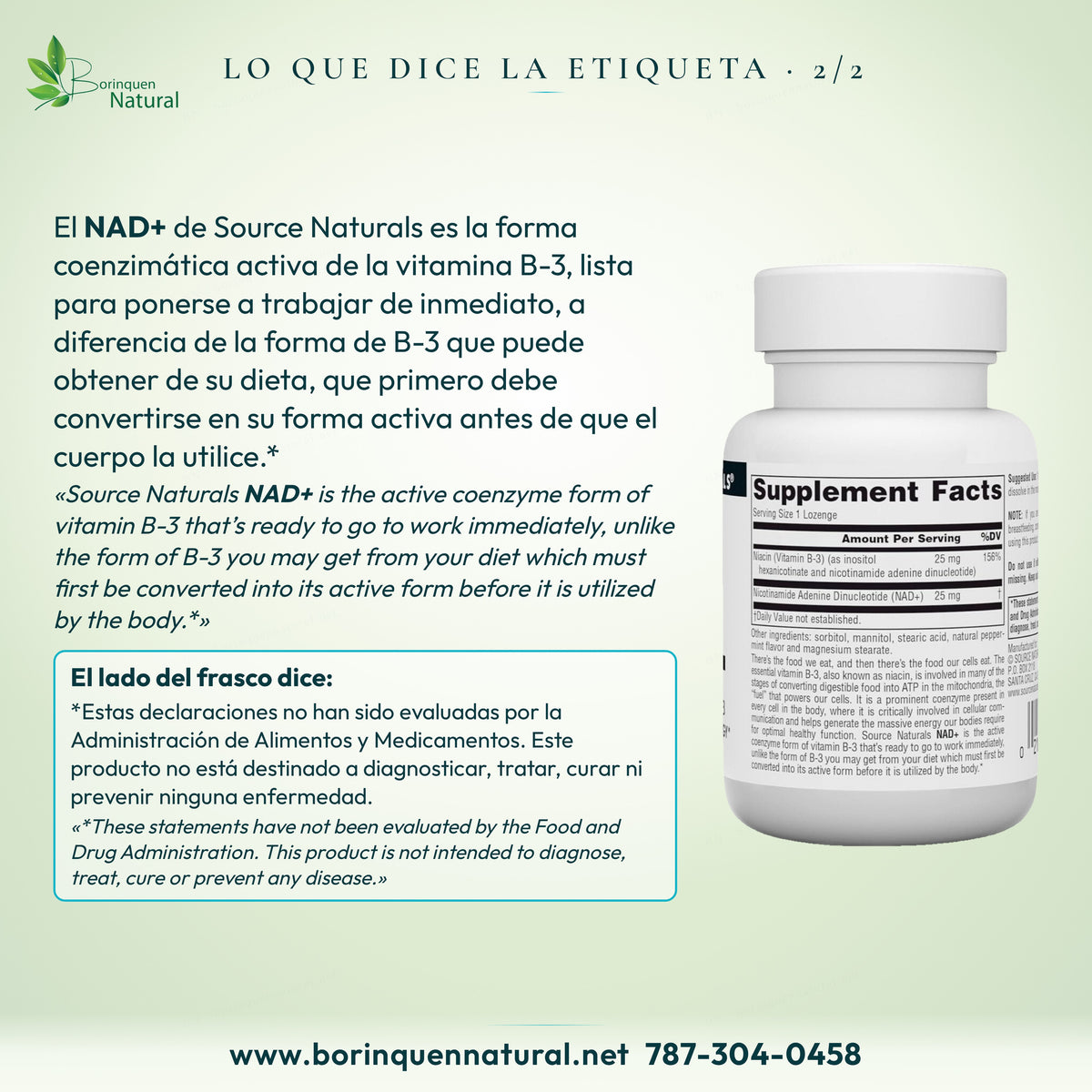 Lo que dice la etiqueta del NAD+ Source Naturals 2/2: forma coenzimática activa de la vitamina B-3