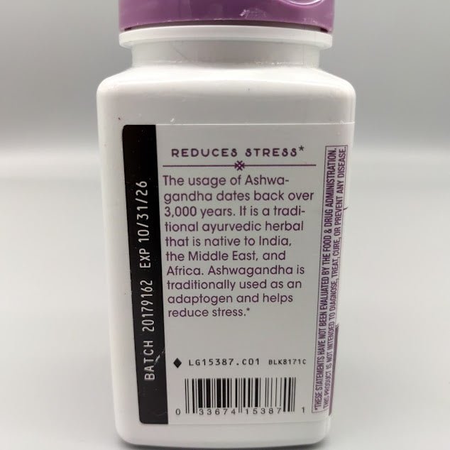 Side of the Nature's Way Ashwagandha bottle: Reduces Stress*, 3,000 years of Ayurvedic use and FDA statement