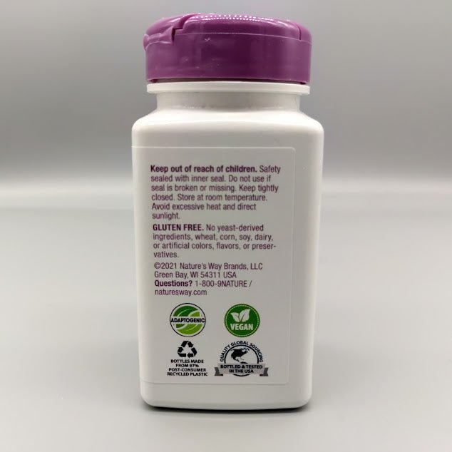 Side of the Nature's Way Ashwagandha bottle: Keep out of reach of children, Gluten Free, Adaptogenic and Vegan seals