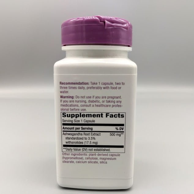 Nature's Way Ashwagandha panel: Recommendation, Warning and Supplement Facts, 500 mg root extract at 3.5%
