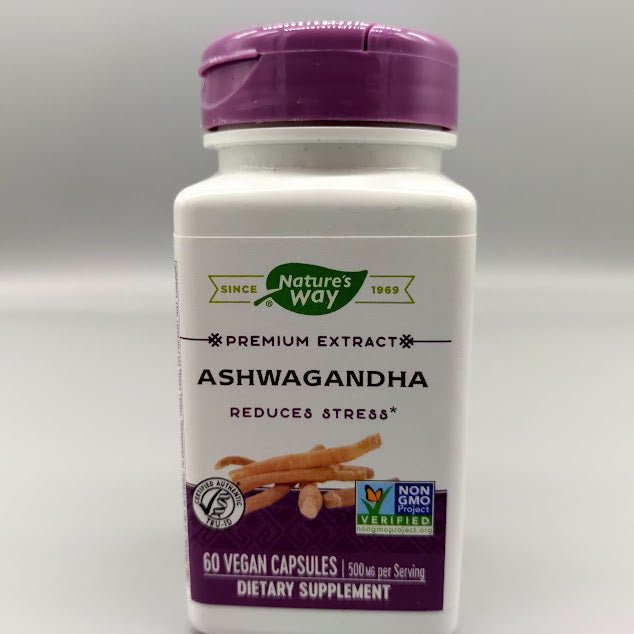 Nature's Way Ashwagandha Premium Extract bottle, Reduces Stress*, 60 vegan capsules, 500 mg per serving