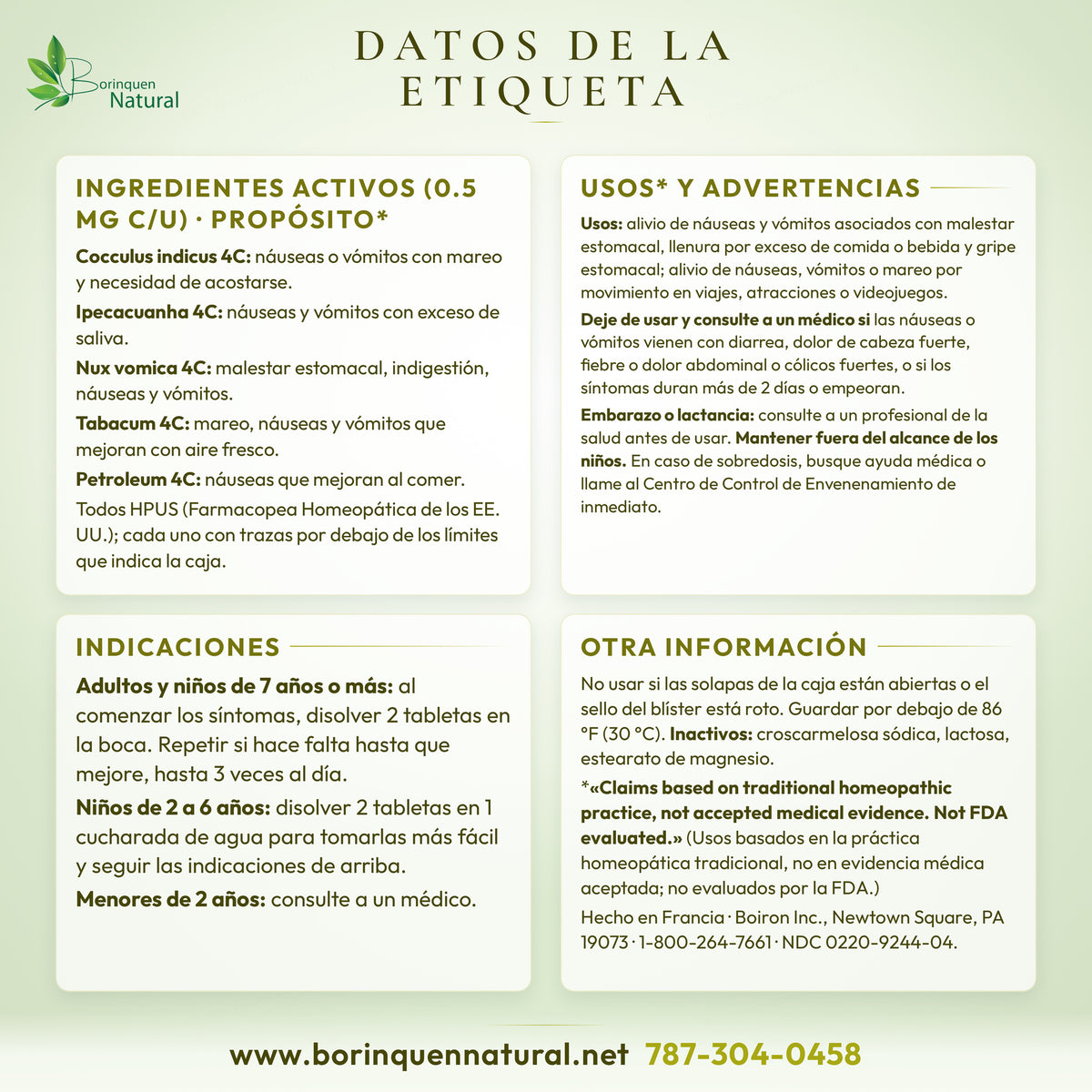 Datos de la etiqueta de NauseaCalm de Boiron: ingredientes activos, usos, advertencias e indicaciones