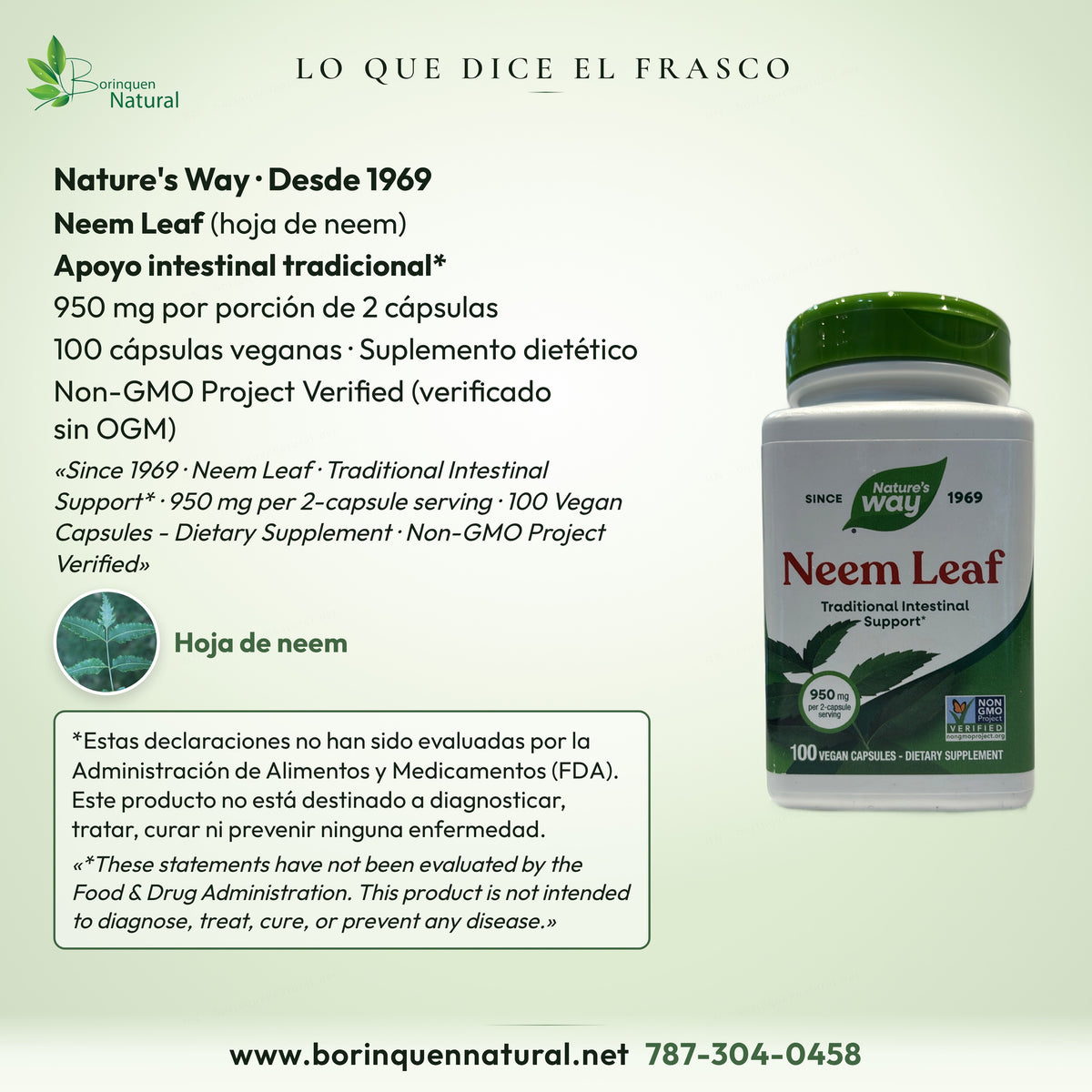 Lo que dice el frasco de Neem Leaf Nature's Way: apoyo intestinal tradicional*, 950 mg por porción, 100 cápsulas veganas
