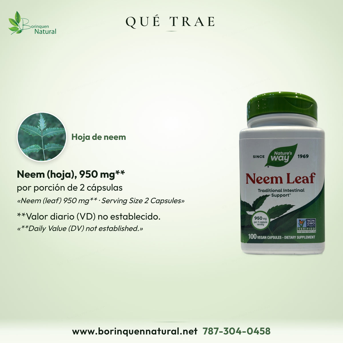 Qué trae Neem Leaf Nature's Way: Neem (hoja), 950 mg por porción de 2 cápsulas; valor diario no establecido