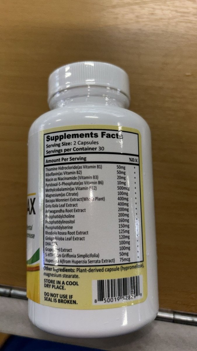 Neuro-Max Irish: Bacopa, Ginkgo y Vitaminas B, 60 Cápsulas Veganas de Irish Supplements — vista posterior del envase
