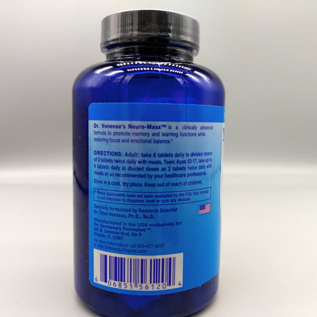 Frasco de Neuro-Maxx de Dr. Venessa's Formulas con 120 tabletas para memoria — vista posterior del envase