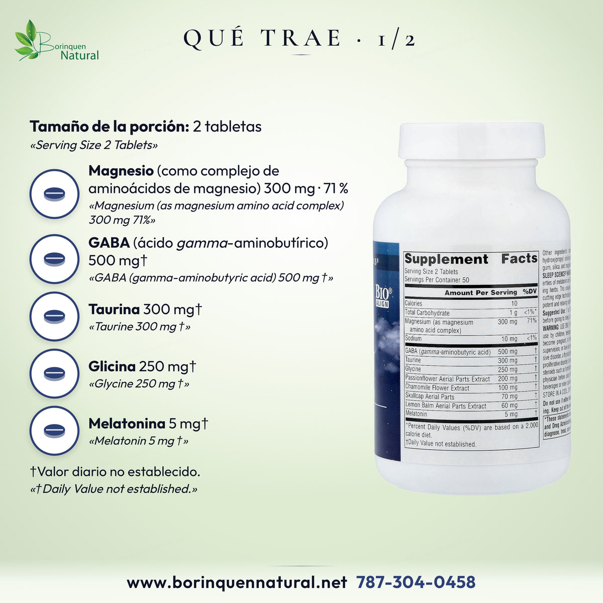 Qué trae NightRest por 2 tabletas: magnesio 300 mg, GABA 500 mg, taurina 300 mg, glicina 250 mg y melatonina 5 mg