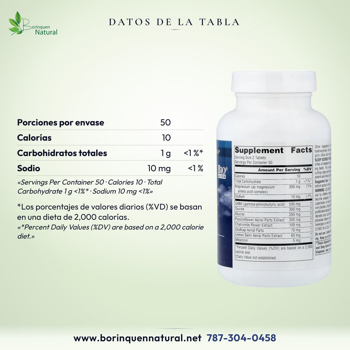 Datos de la tabla de NightRest: 50 porciones por envase, 10 calorías, carbohidratos totales 1 g y sodio 10 mg