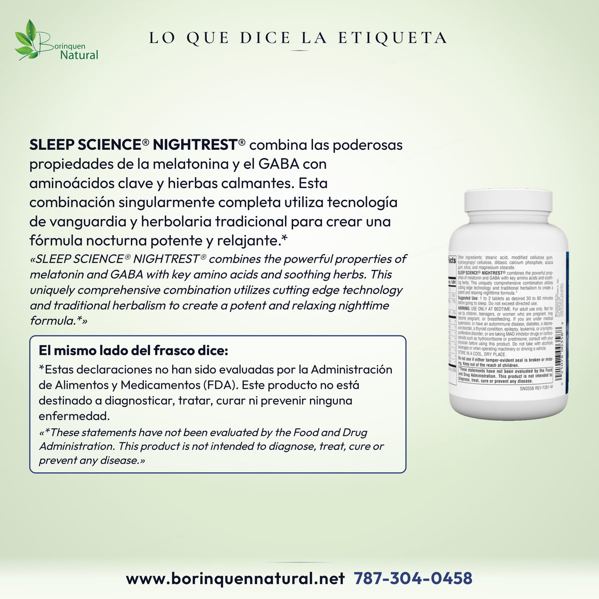 Lo que dice la etiqueta de NightRest: melatonina y GABA con aminoácidos clave y hierbas calmantes, fórmula nocturna