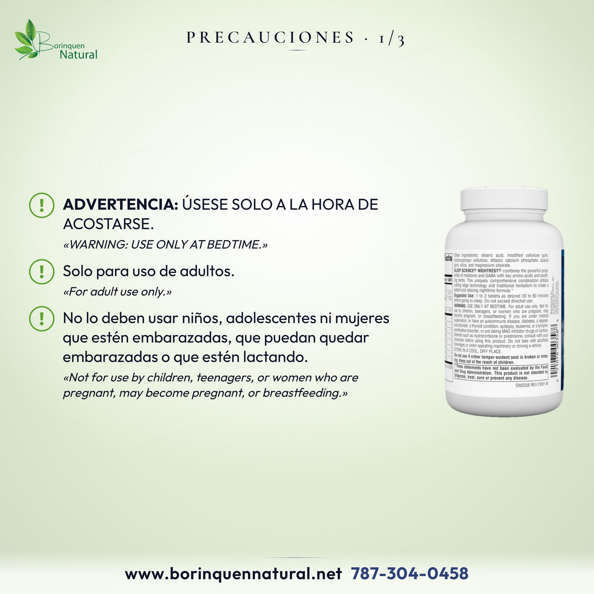 Precauciones de NightRest: solo a la hora de acostarse y para adultos; no lo deben usar niños, adolescentes ni embarazadas