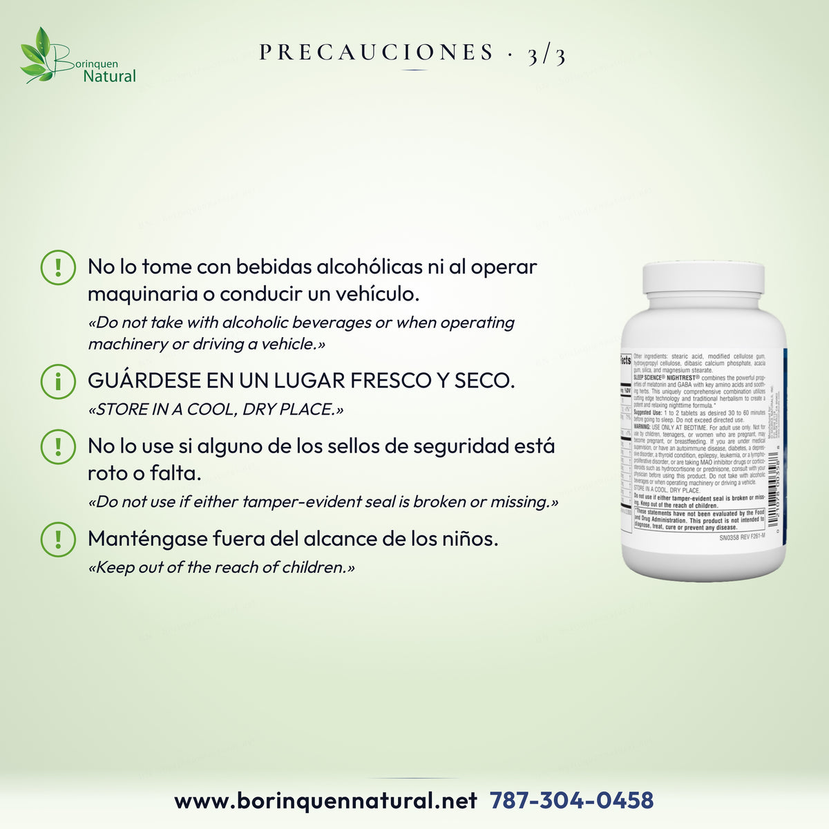 Precauciones de NightRest: sin alcohol ni al conducir; lugar fresco y seco; sellos de seguridad; lejos de los niños