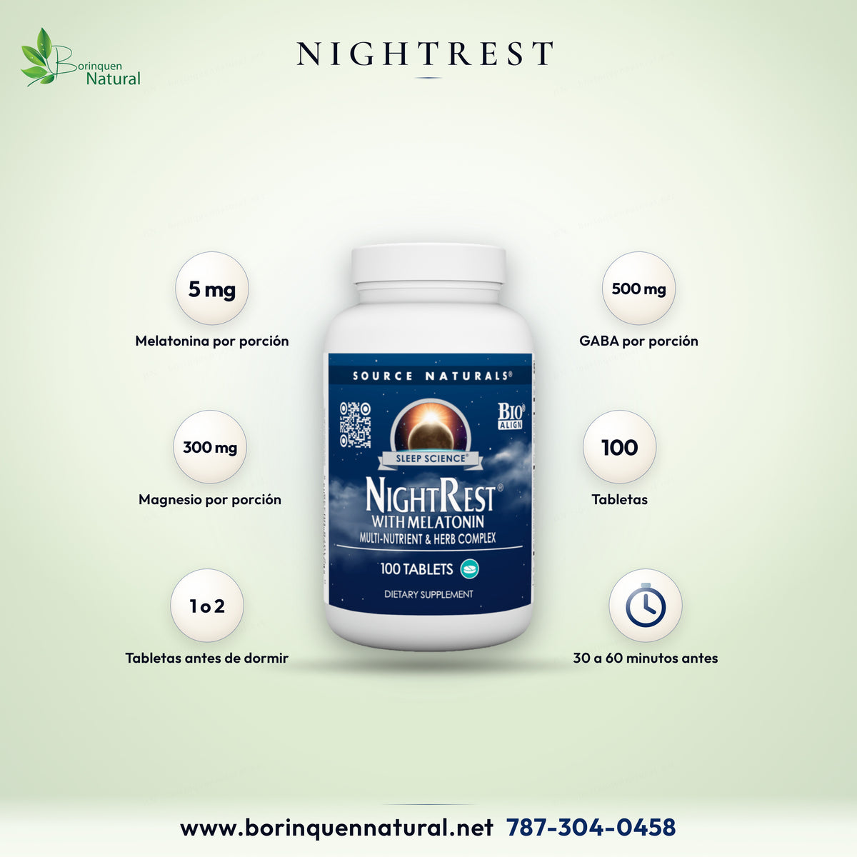 Sleep Science NightRest with Melatonin de Source Naturals, 5 mg de melatonina, 500 mg de GABA y 300 mg de magnesio por porción, 100 tabletas