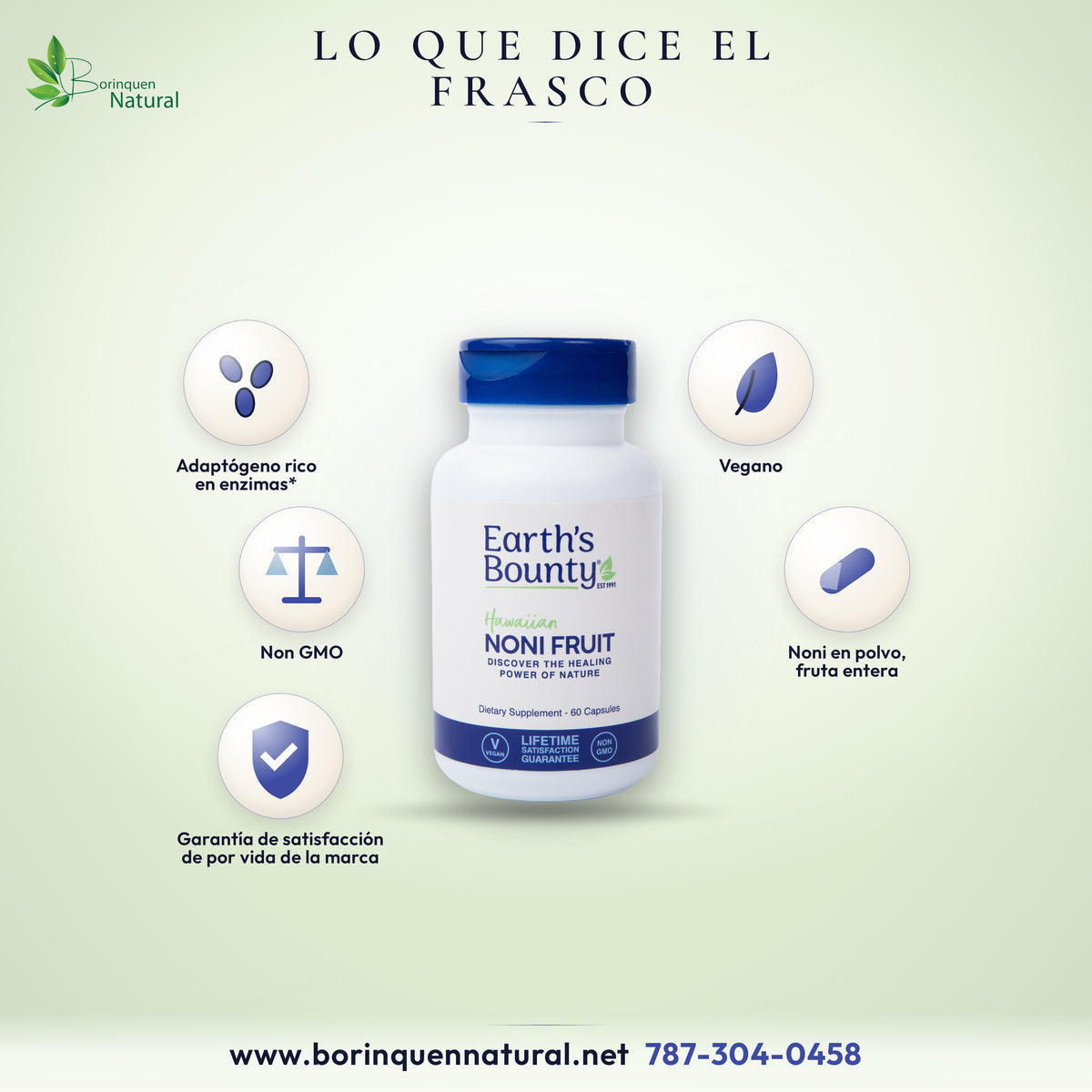 Lo que dice el frasco del noni hawaiano de Earth's Bounty: adaptógeno rico en enzimas, vegano y Non GMO