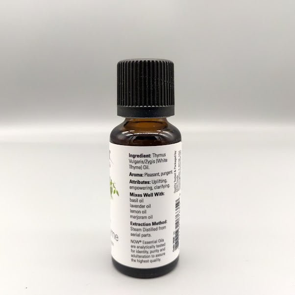 Now Essential Oils - 100% Pure White Thyme - Thymus Vulgaris / Zygis - 1oz — etiqueta del producto