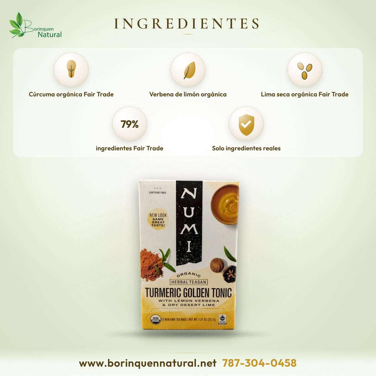 Ingredientes del té Numi Turmeric Golden Tonic: cúrcuma orgánica Fair Trade, verbena de limón orgánica y lima seca orgánica